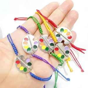 Handmade Braided Wax Cord Bracelet Artist Palette Paintbrush Alloy Enamel Charm Adjustable Hand Rope Jewelry Gift For Art Lovers