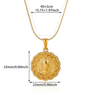 Gold plated stainless steel Virgin Mary necklace with detailed 23mm pendant size