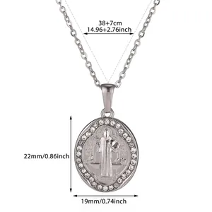 Dimensions of silver saint pendant necklace with crystal border and adjustable chain