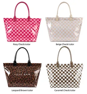 Four stylish PVC tote bags in checkerboard and leopard prints for shopping