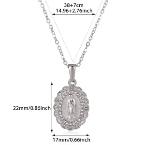 Detailed size chart for a stainless steel portrait pendant necklace with rhinestone accents