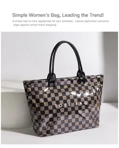 Detailed full view of vintage checkerboard pattern tote bag with large capacity PVC
