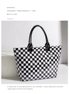 Close-up of a stylish checkerboard PVC tote bag with high-gloss finish