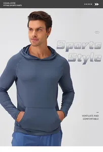 Detailed view of men's slim-fit hooded long-sleeve sweatshirt for gym and running