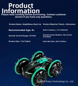 Comprehensive specifications of the amphibious RC stunt car with powerful battery.