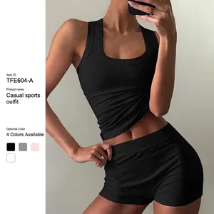 Women Ribbed Two Piece Shorts Set Sexy Y2K Slim Viscose Tank Top And High Waist Shorts Set Casual Solid Summer Outfits