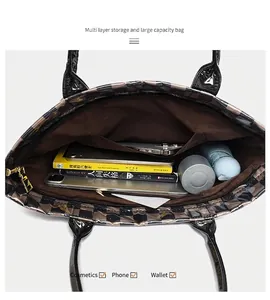 Spacious checkered PVC tote bag showing internal multi-layer storage capacity