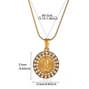 Gold religious medallion necklace dimensions showing 21mm pendant and 45cm chain.