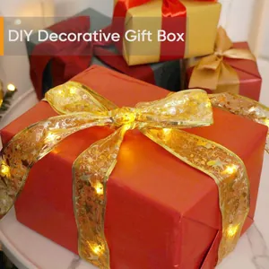 Close-up of warm white LED ribbon lights on a red gift box for Christmas