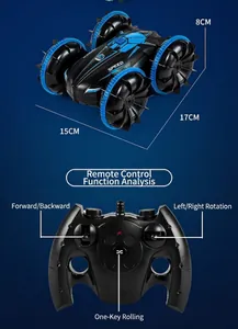 Amphibious waterproof RC stunt car detail showing remote control guide and dimensions.
