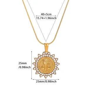 Close-up of elegant golden stainless steel portrait necklace with measurement details