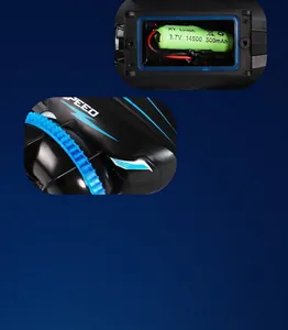 Detail of the amphibious RC stunt car's battery compartment and packaging dimensions