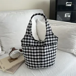 Women Large Capacity Gingham Canvas Tote Bag Korean Style Ins Minimalist Nylon Handbag Shopping Bag With Front Pockets