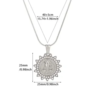 Detailed size chart view of silver stainless steel saint portrait pendant necklace