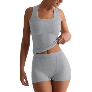 Sexy grey ribbed two piece lounge set for women featuring tank top and high waist shorts