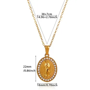 Detailed 18k gold plated stainless steel portrait necklace with size measurements displayed