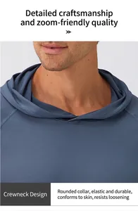 Close-up detail of men's slim fit hooded fitness top showing elastic neckline texture