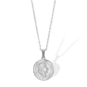 Silver stainless steel necklace featuring a detailed vintage coin portrait pendant