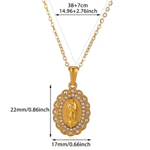 Detailed size dimensions for gold-plated religious Virgin Mary portrait necklace
