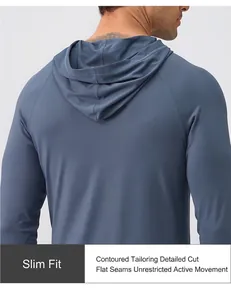 Back view detail of slim-fit blue athletic hoodie for men showing flat-lock seams