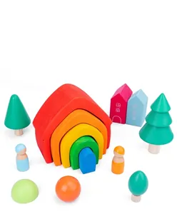 Wooden rainbow building blocks and forest trees set for toddlers educational play