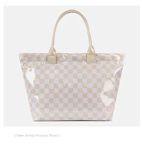 Detailed showcase of a retro checkerboard PVC tote bag with large capacity design