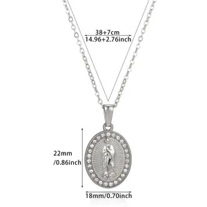 Detailed dimensions of silver Virgin Mary pendant necklace with crystals and adjustable chain.