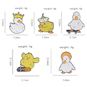 Specifications and dimensions for various cute duck and chick metal enamel pins