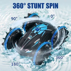 Amphibious remote control stunt car performing 360-degree rotation on water.