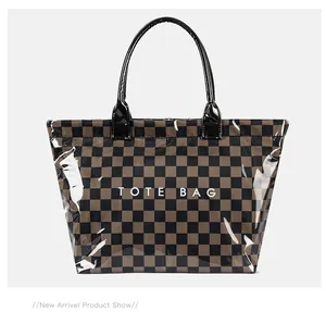 Large checkered tote bag with transparent PVC coating and black handles