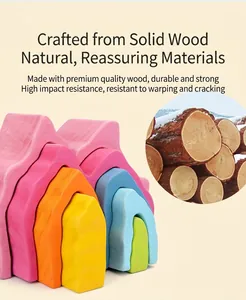 Close-up of colorful wooden forest tree stacker blocks showing natural solid wood grain