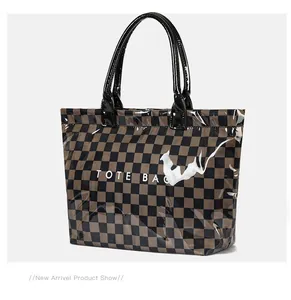Stylish checkered PVC tote bag with high-gloss finish and large capacity for daily use.