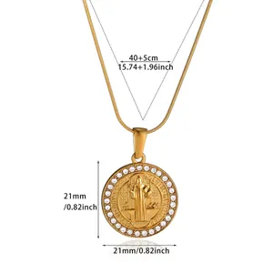 Detailed view of 18k gold plated saint medal necklace with precise size measurements in cm and inch.