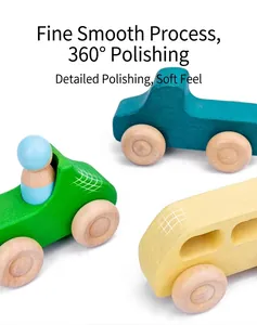 Macro detail of smooth polished edges on colorful solid wood toy cars and bus