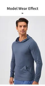 Model wearing a blue moisture-wicking quick-dry hooded sports sweatshirt in studio