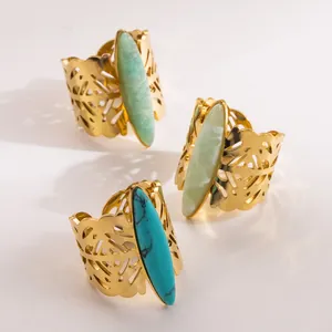 French Vintage Stainless Steel Natural Stone Open Ring For Women Gold Plated Hollow Carved Wide Adjustable Finger Ring Jewelry