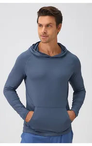 Detail view of slim fit men's athletic hoodie with front pocket and quick-dry fabric.