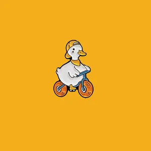 Macro view of a cute white duck riding a blue bicycle cartoon enamel pin badge art