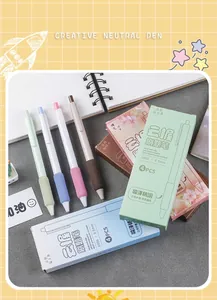 Detail view of four colorful 0.5mm gel pens with soft sponge grips and packaging boxes