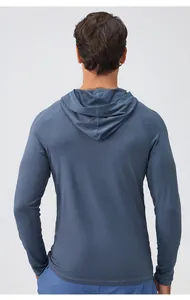 Detailed back view of a men's slim-fit hooded long-sleeve sports gym hoodie in muted blue
