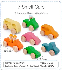 Detail view of seven colorful wooden toy cars with dimensions and weight specs.