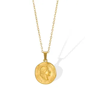 Elegant vintage 18k gold-plated stainless steel necklace with portrait coin pendant