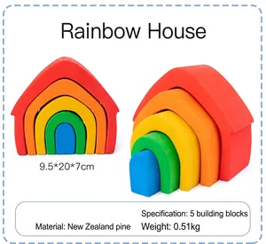 Detail showing 5-piece wooden rainbow house blocks made of New Zealand pine wood