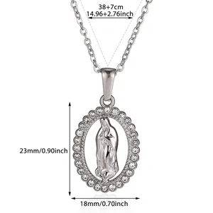 Detailed dimensions of silver Virgin Mary portrait pendant necklace with rhinestones