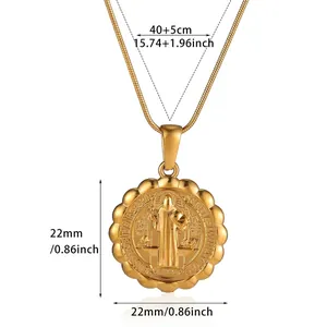 Dimension view of 18k gold plated religious portrait pendant necklace on white background