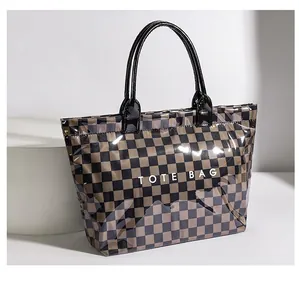 Stylish retro checkered PVC tote bag with large capacity for daily commuting and shopping