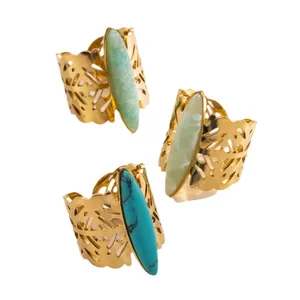 Vintage French style stainless steel open rings with marquise-cut natural stones