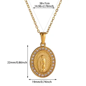 Dimensions of Virgin Mary oval pendant necklace with rhinestone border