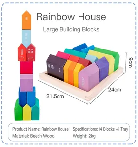 Handcrafted wooden rainbow building blocks set made of solid beech wood for toddlers