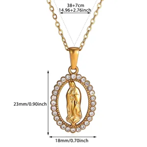 Detailed dimension diagram for the gold plated religious portrait necklace with gems